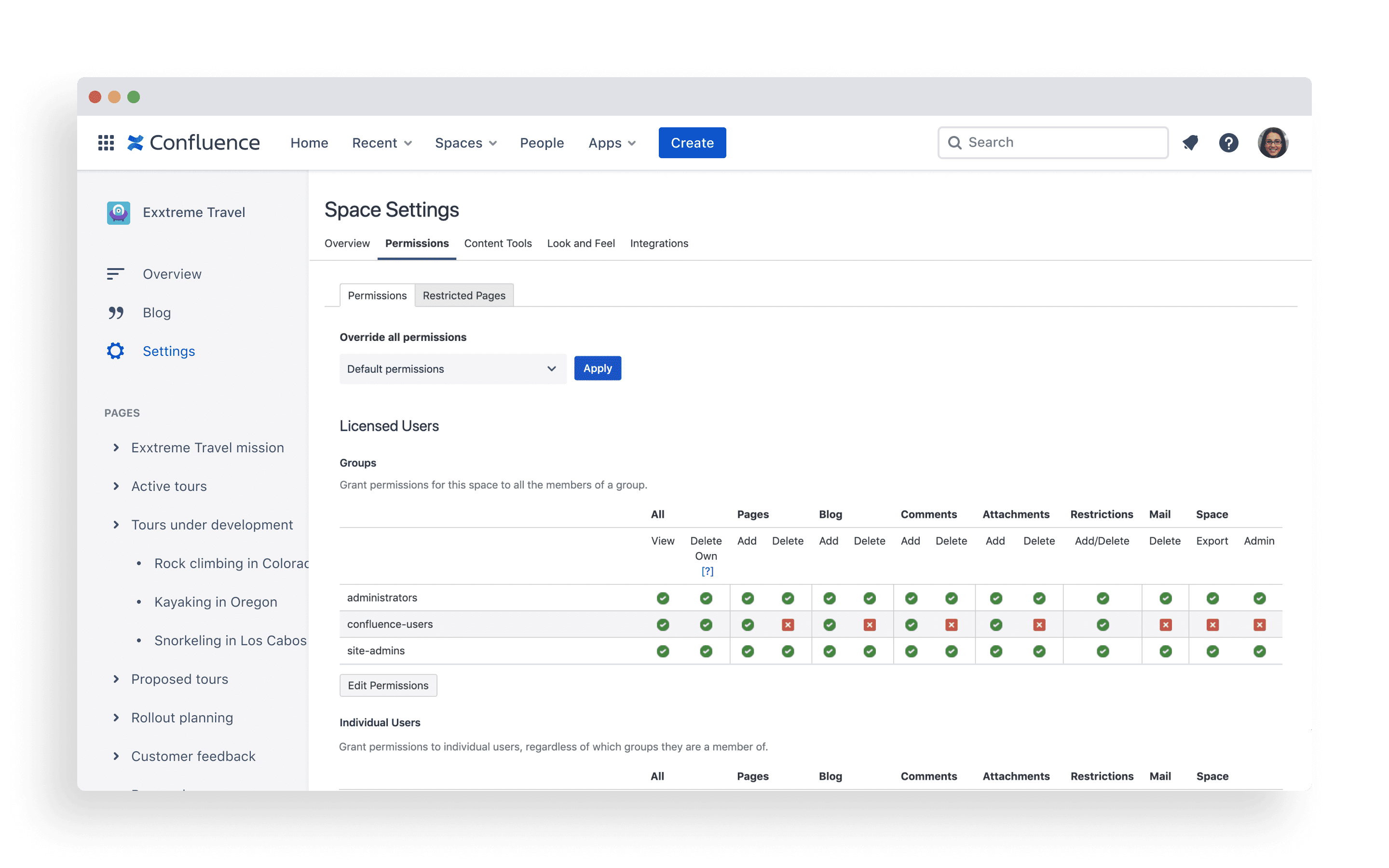 Example of space settings