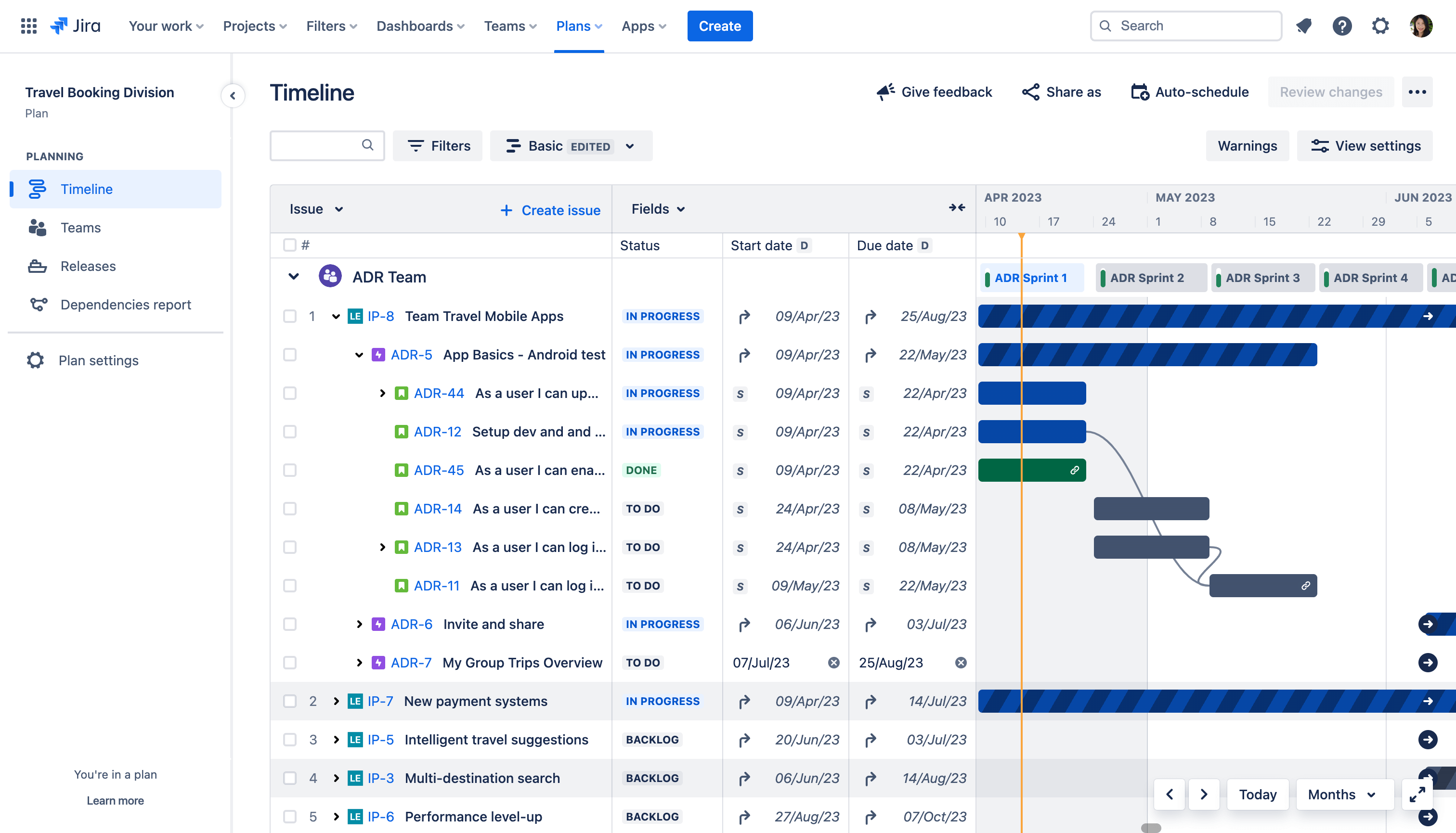 Captura de pantalla de la jerarquía de Advanced Roadmaps