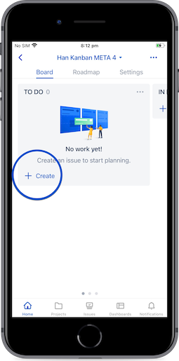 Bouton « Create issue » (Créer un ticket) sur un tableau Kanban (iOS)