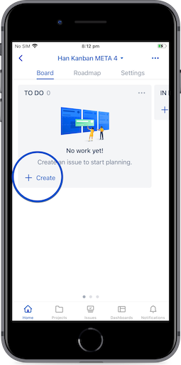 Pulsante "Crea ticket" su una board Kanban (esempio mostrato su iOS)