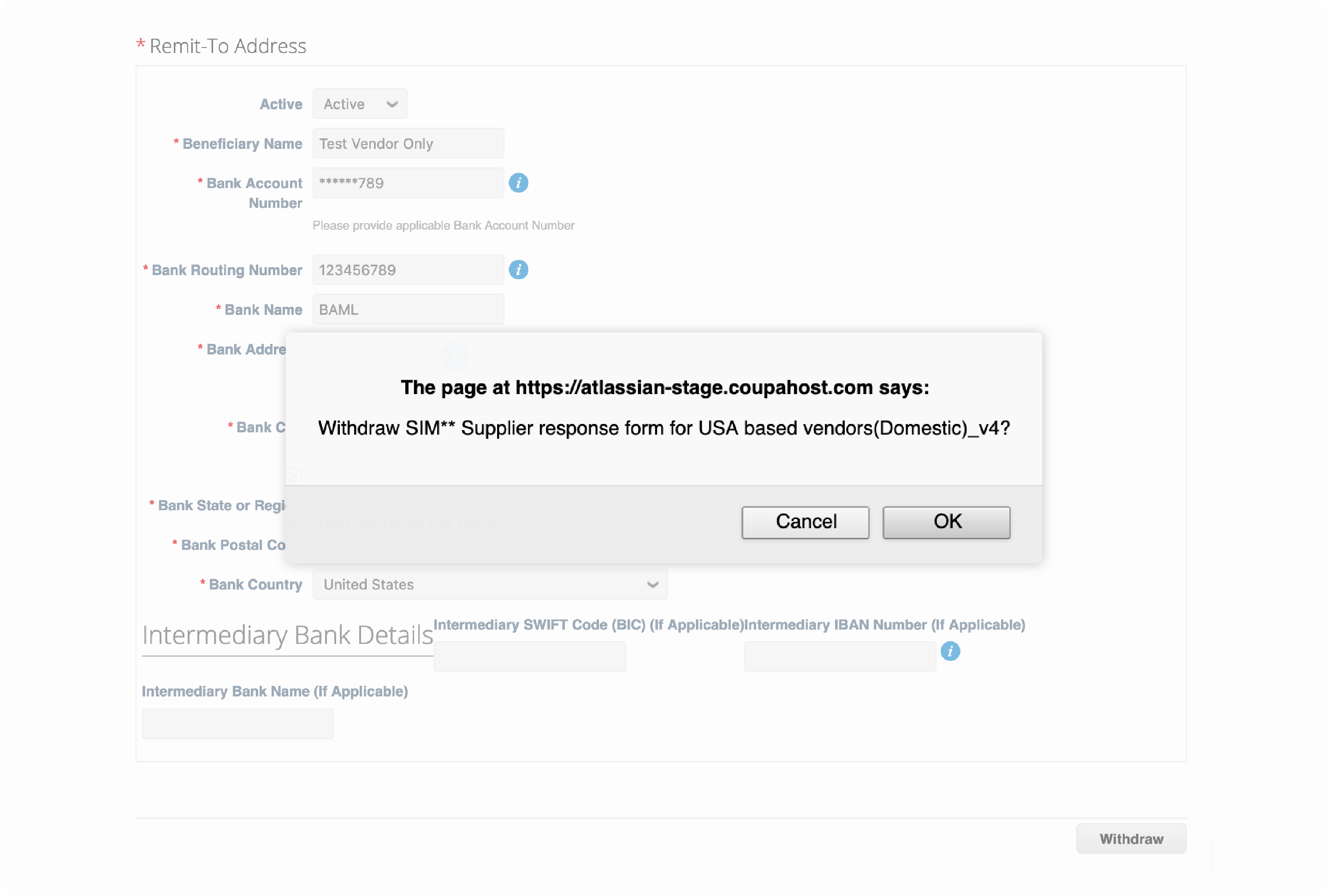 Pop-up box: The page at https://atlassian-stage.coupahost.com says: Withdraw SIM** Supplier response form for USA based vendors(Domestic)_v4?