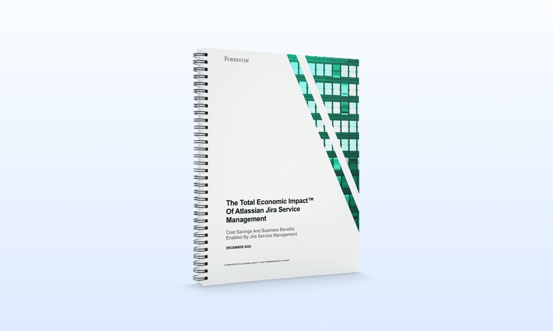 Couverture d'un carnet à spirale intitulé : « The Total Economic Impact™ Of Atlassian Jira Service Management » (L'étude Total Economic Impact™ de Jira Service Management d'Atlassian)