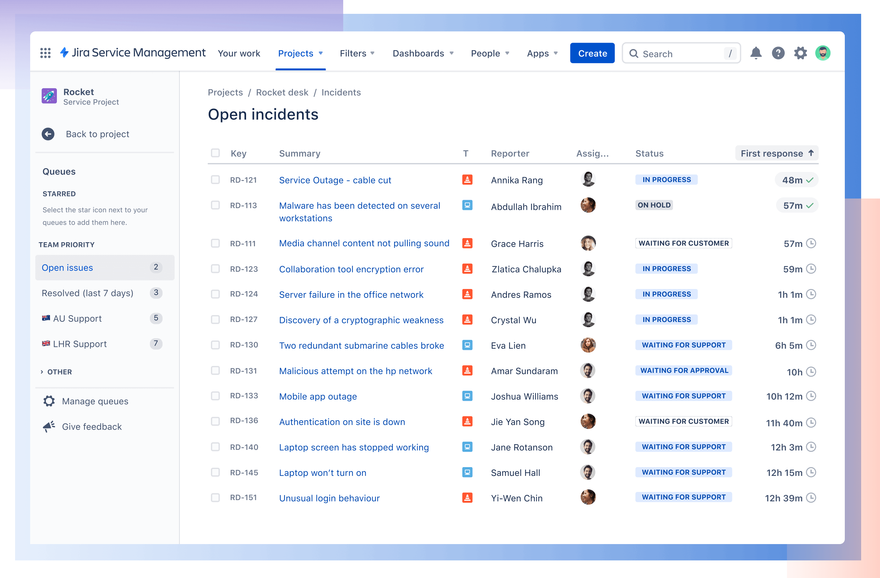 Visualização de Incidentes abertos com itens vinculados do Jira no Jira Service Management