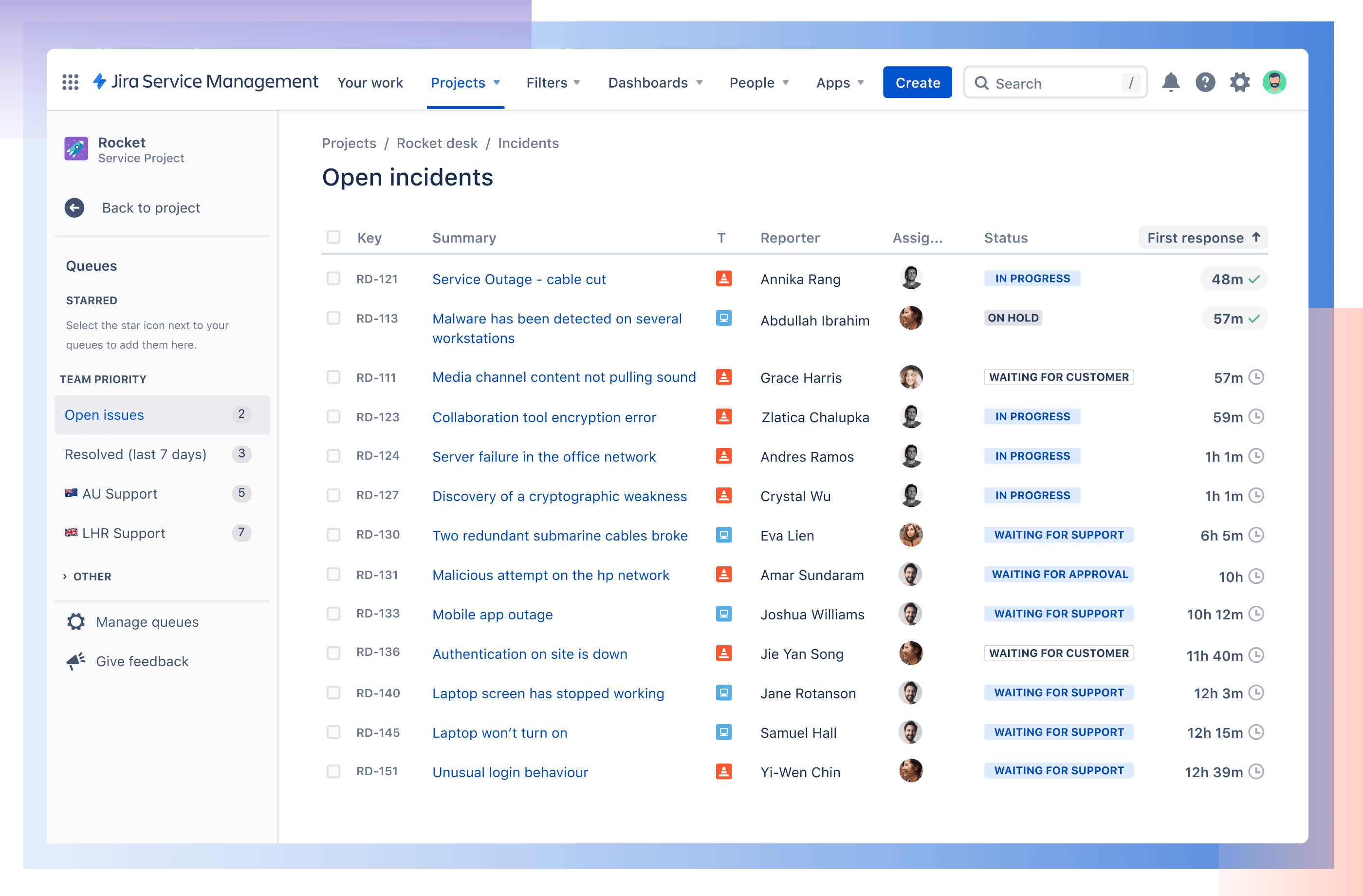 Jira Service Management 中的开放式事件视图，包含来自 Jira 的关联事务