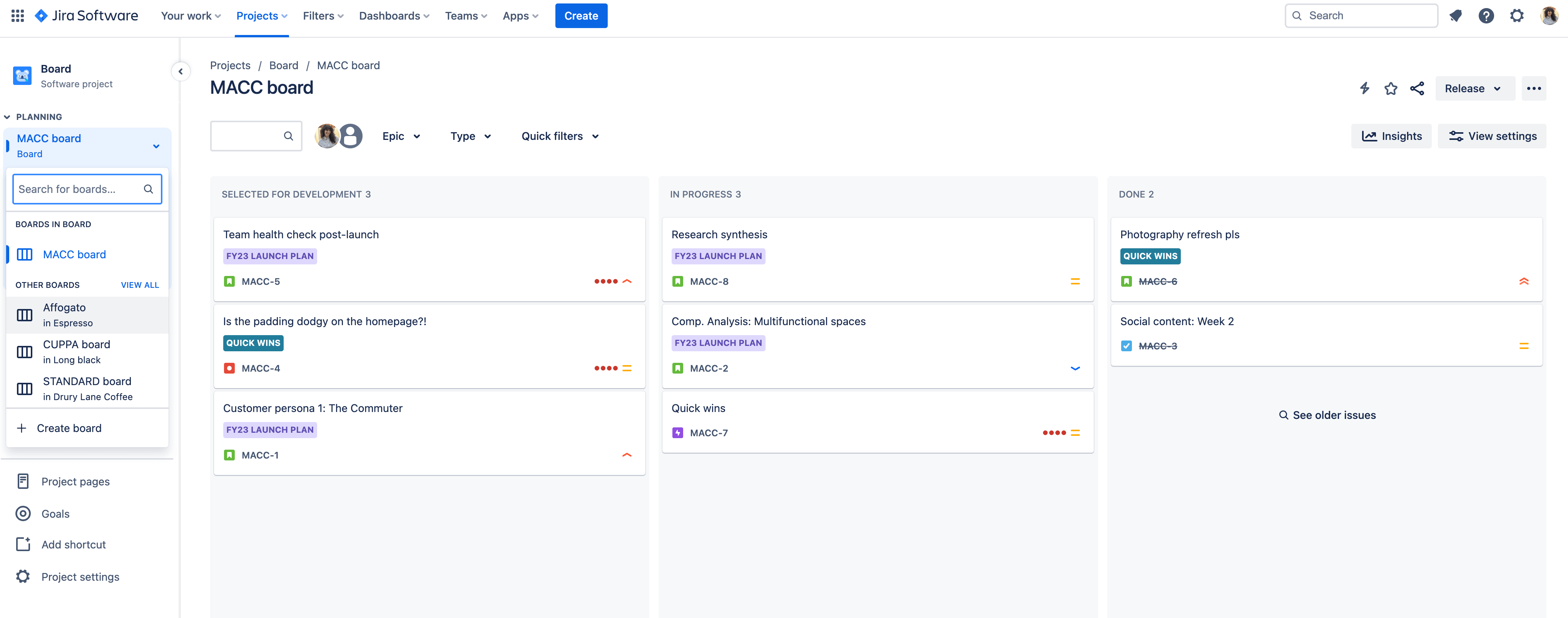 Captura de tela de um quadro do Jira