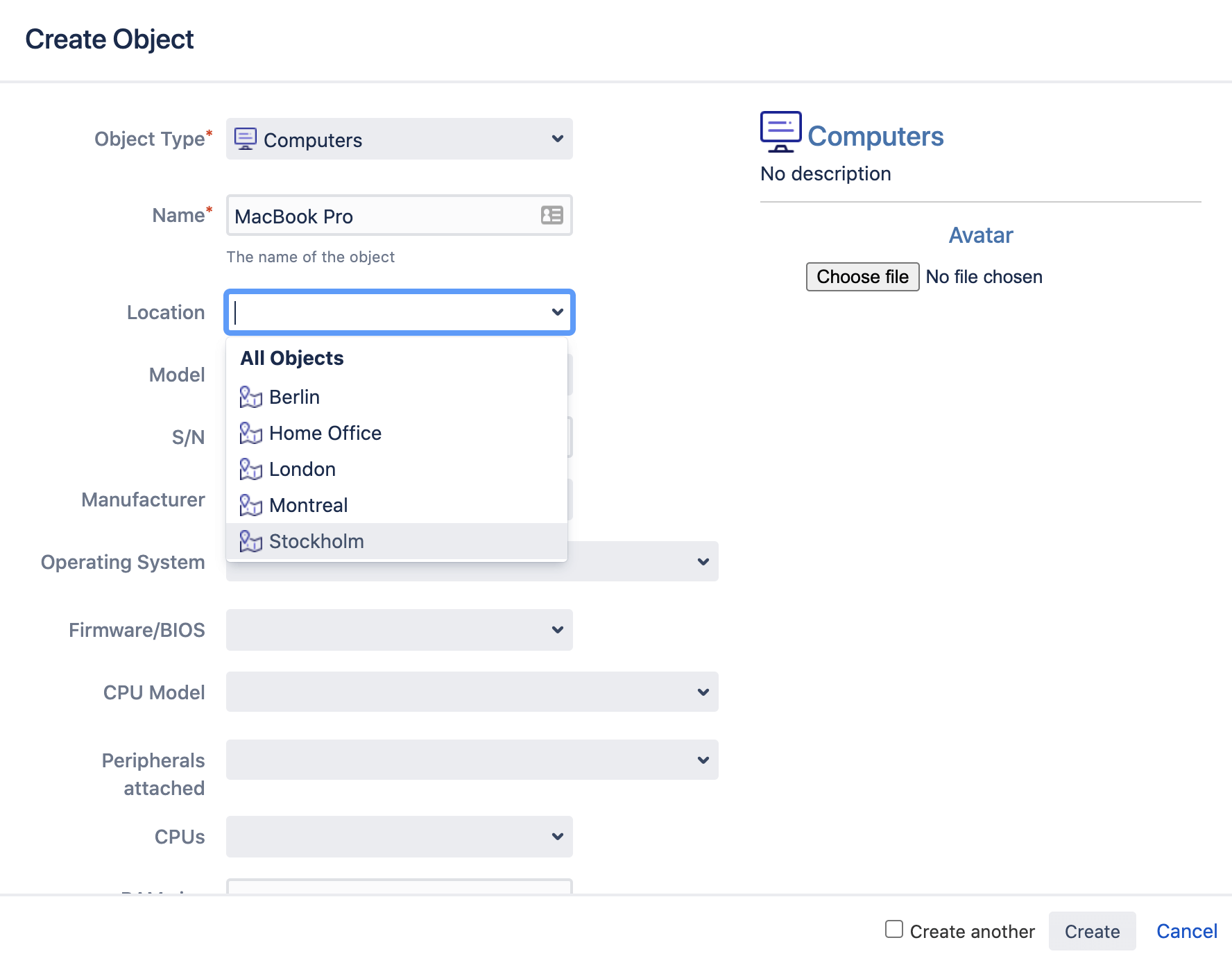 Tela Criação de objeto do Insight para um objeto Computador. Você insere os atributos do computador, como local, modelo, fabricante e SO.