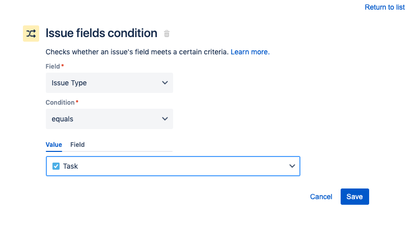 Страница настройки Issue fields condition (Условие «Поля задачи»)