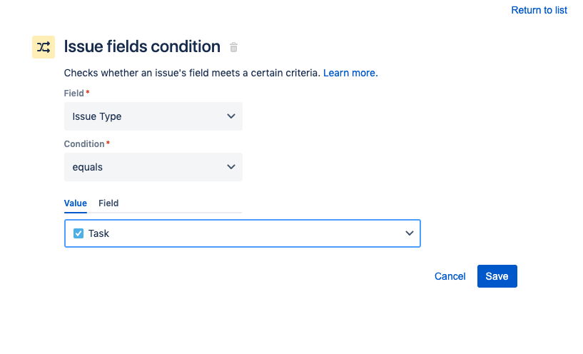 Page de configuration de la condition Issue fields (Champs de ticket)