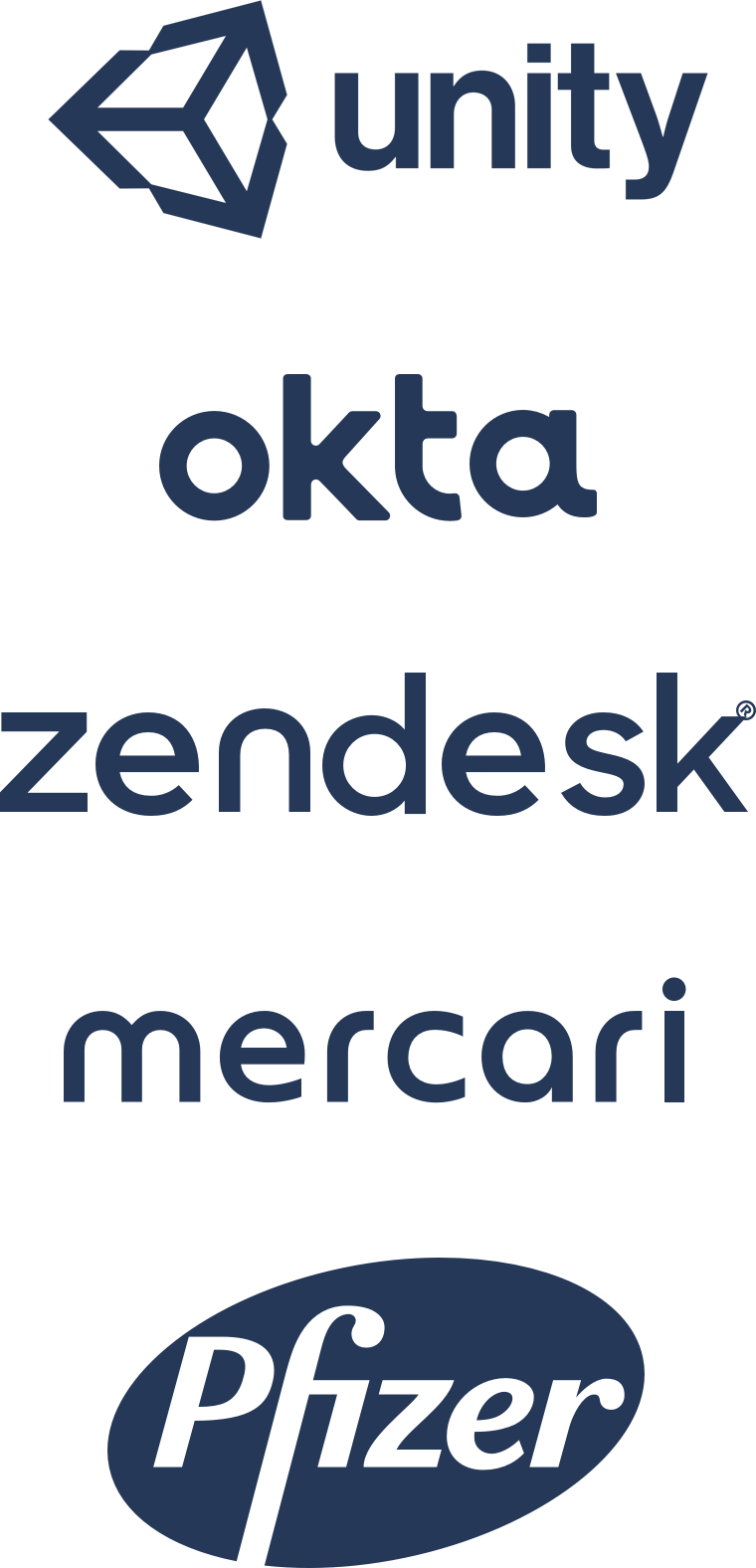 Logotipos da Unity, da Okta, da Zendesk, da Mercari e da Pfizer