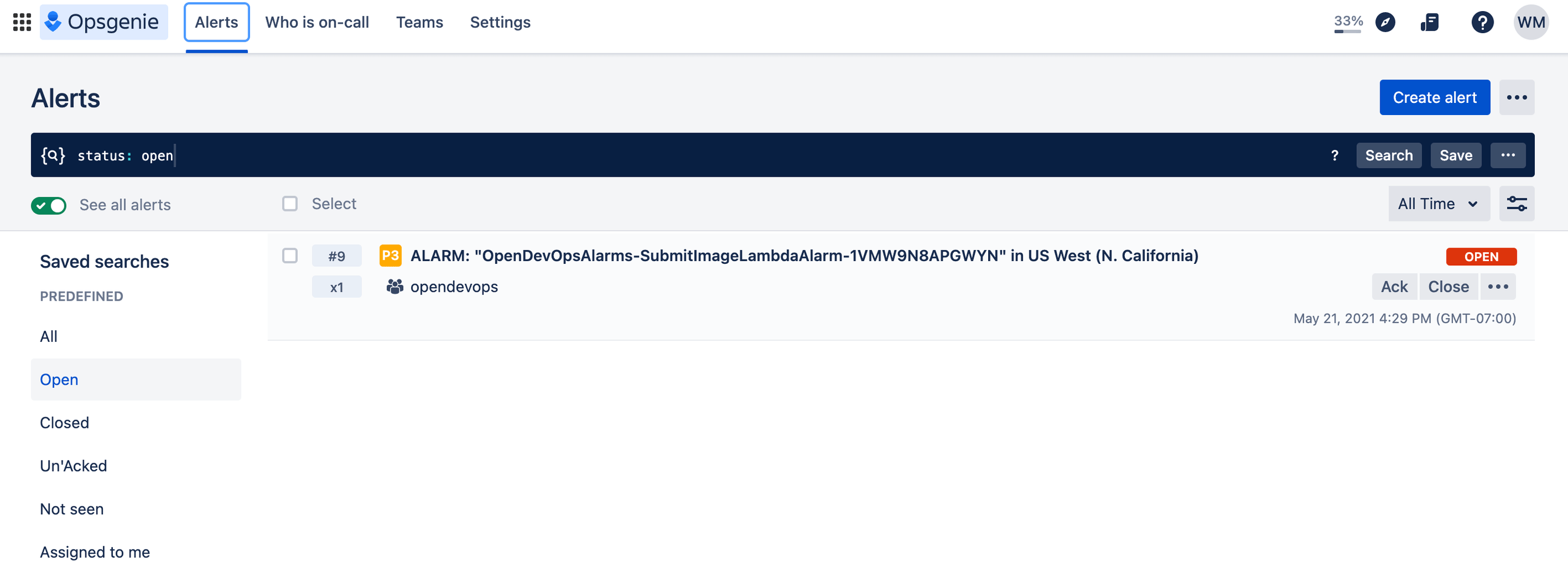 Screenshot del test degli allarmi