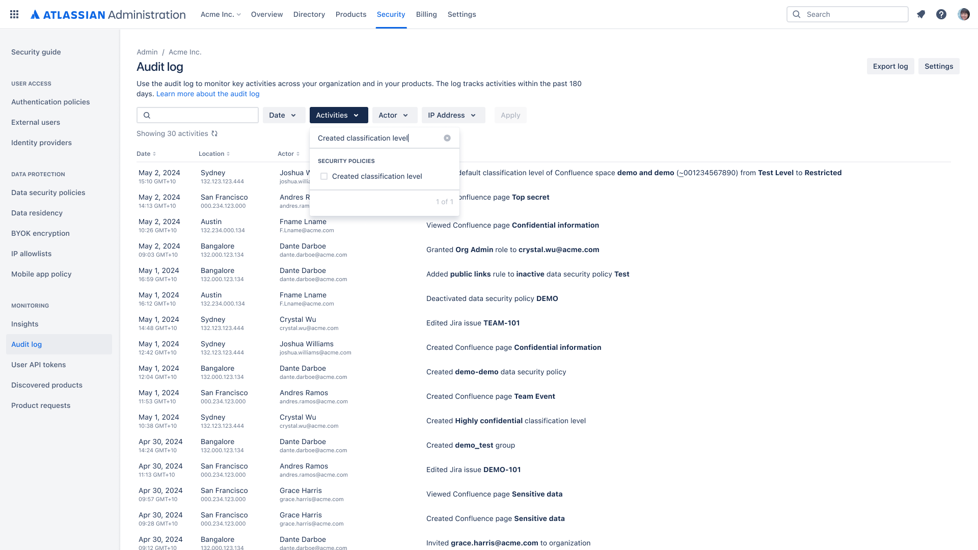 Comprehensive organization audit log: User activity, API tokens, Webhooks screenshot