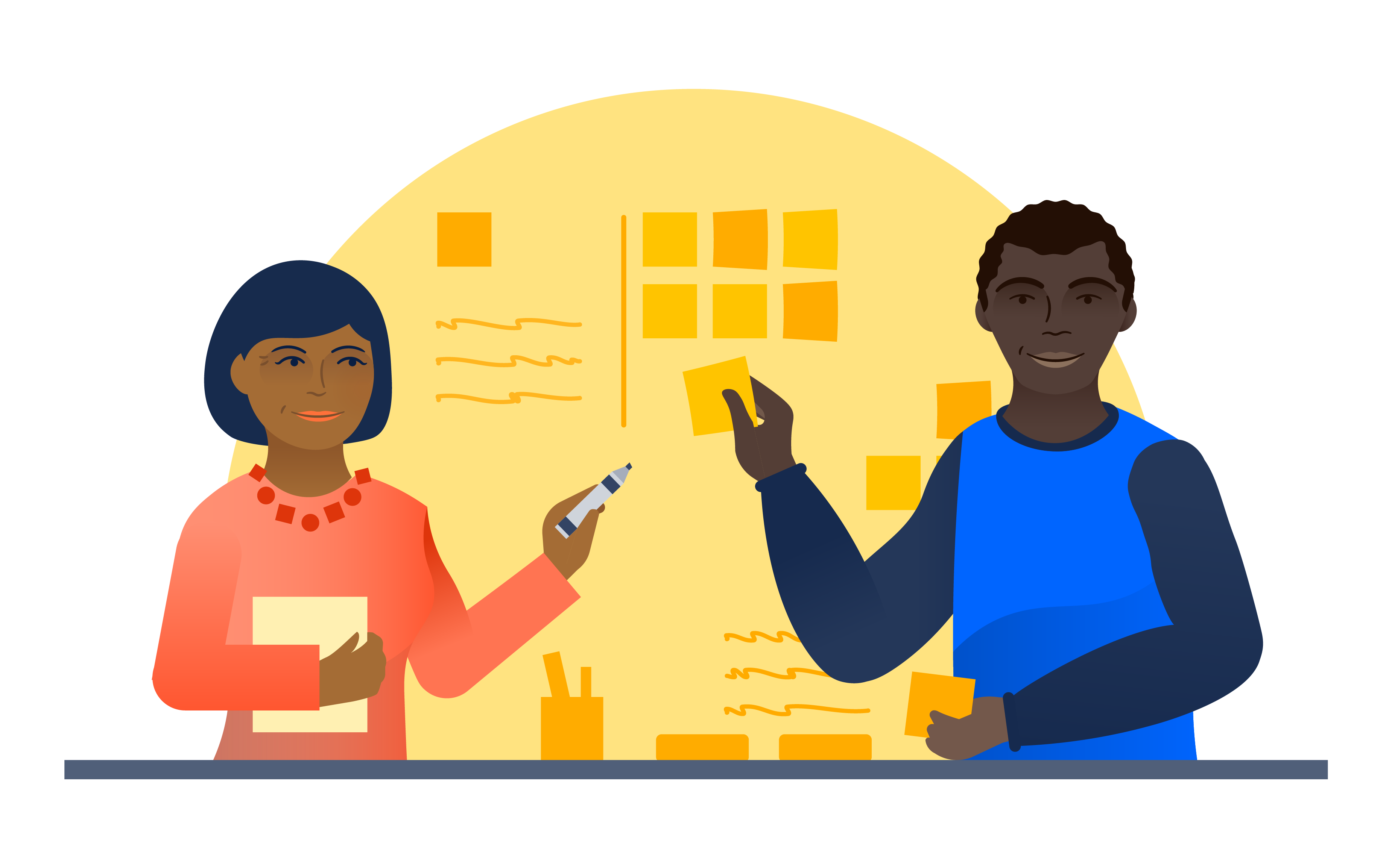 Eine Produktmanagerin und ein Produktinhaber, die mit Haftnotizen und Stiften zusammenarbeiten | Atlassian Agile Coach