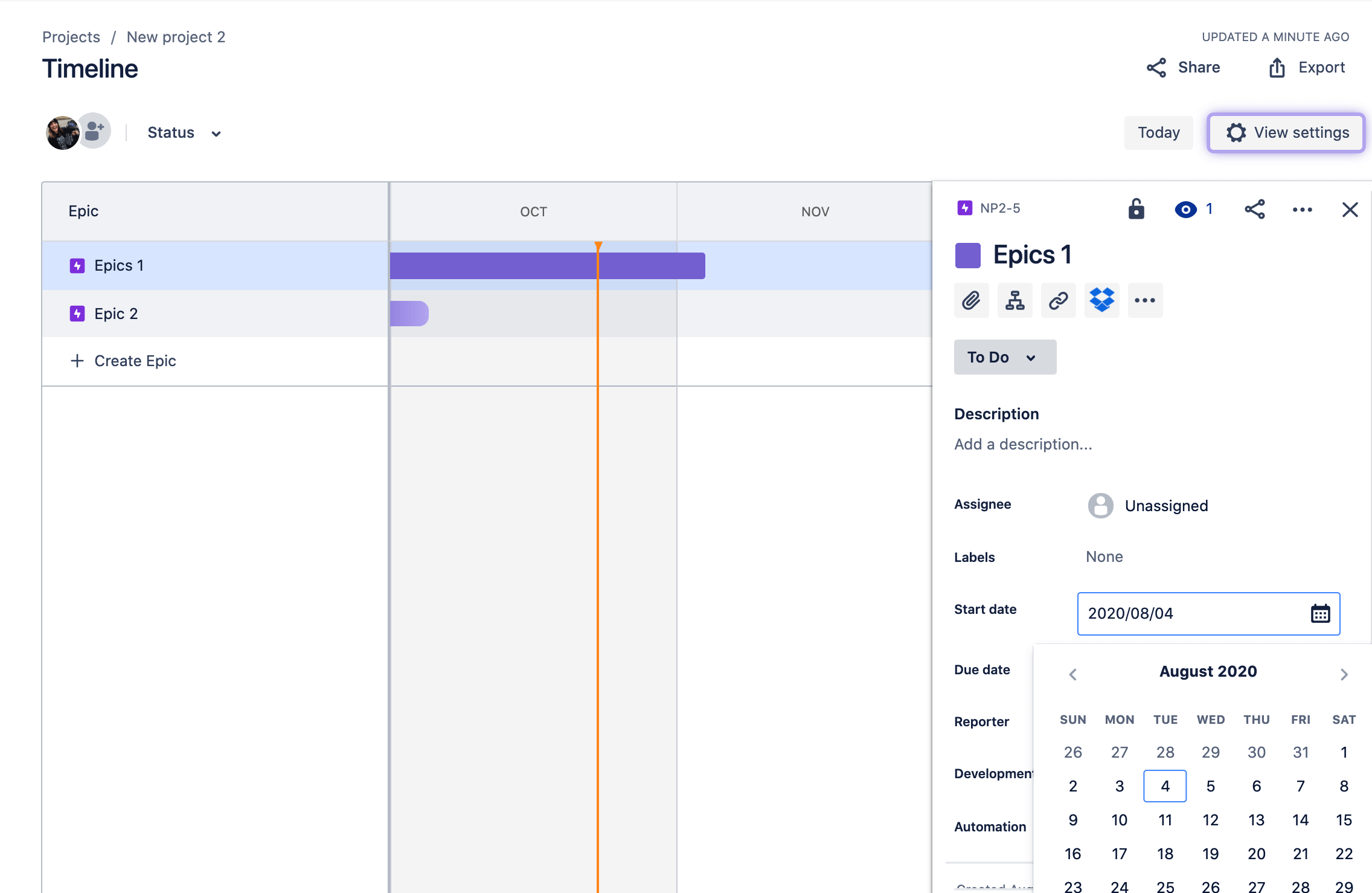 Setting start date of an epic in the timeline view in Jira Software