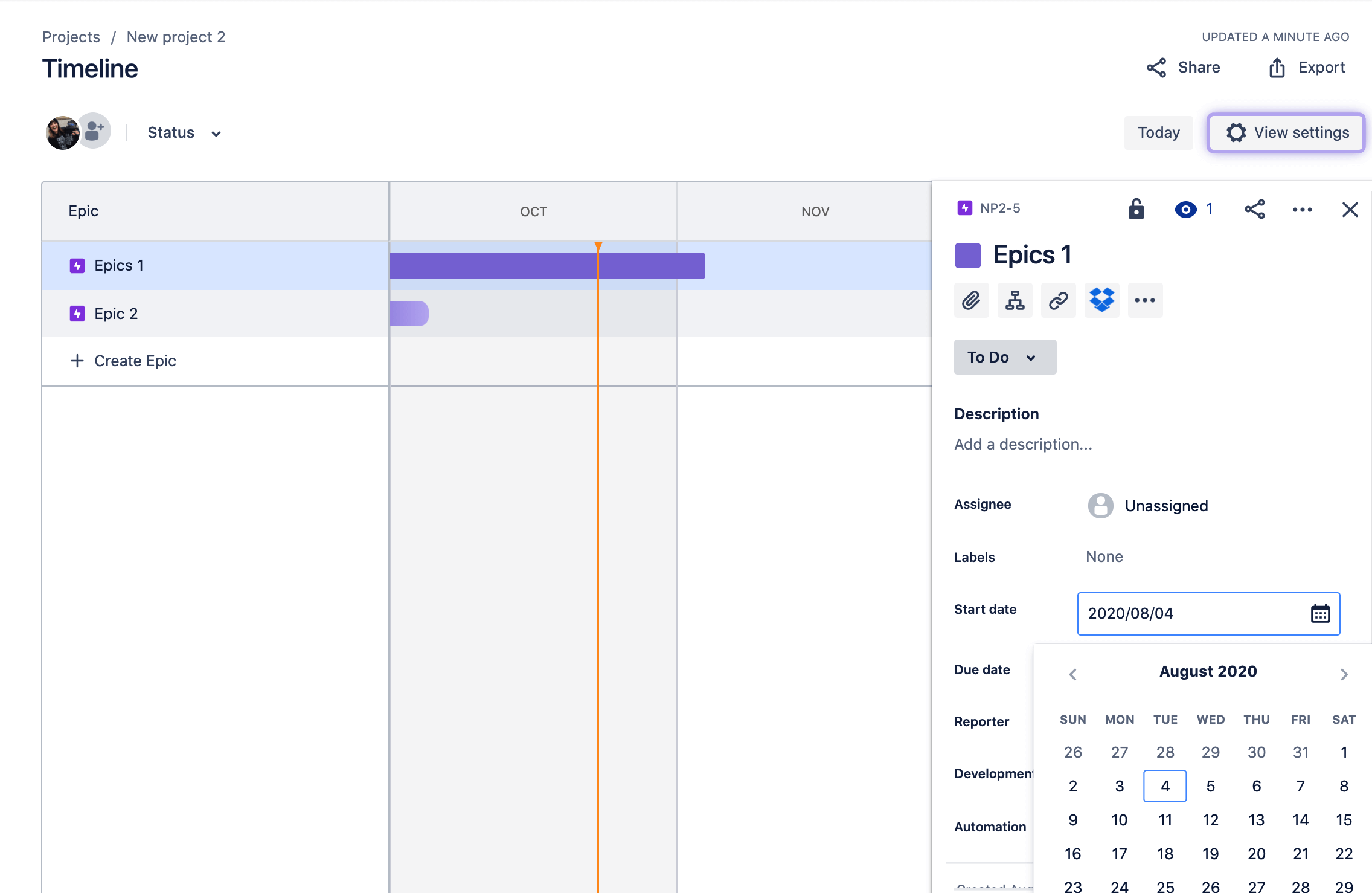 Jira Software의 타임라인 보기에서 에픽 시작 날짜 설정