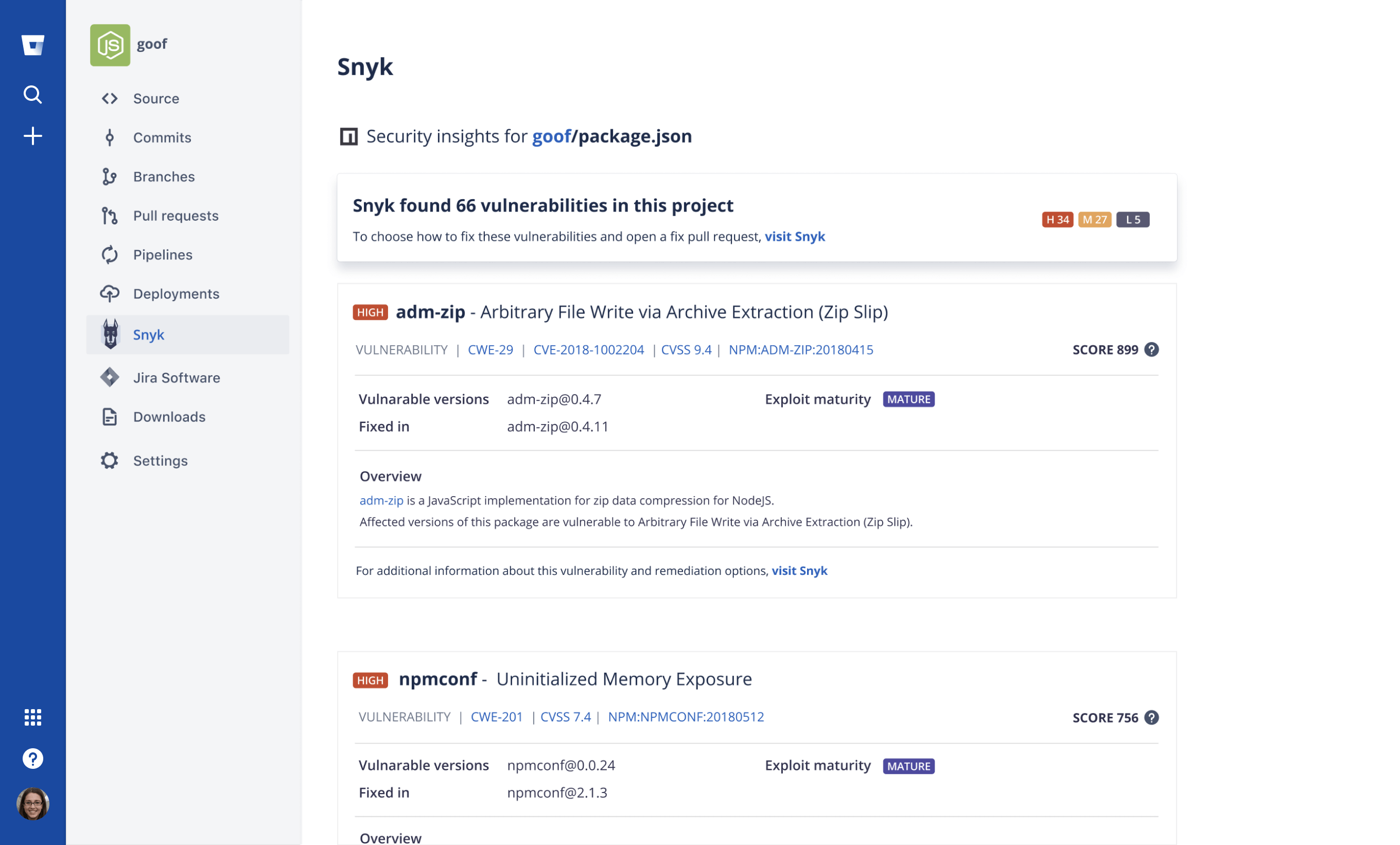 Finding and fixing vulnerabilities using Snyk embedded scanning in Bitbucket