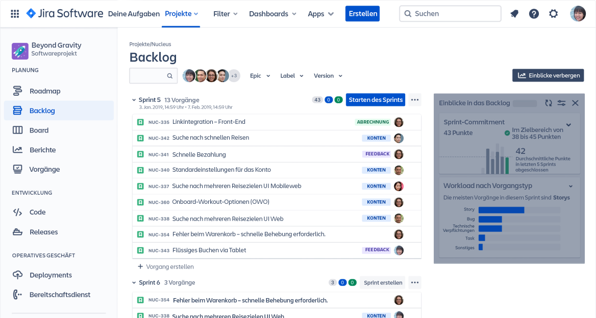 Anzeige von Backlog-Einblicken in Jira Software