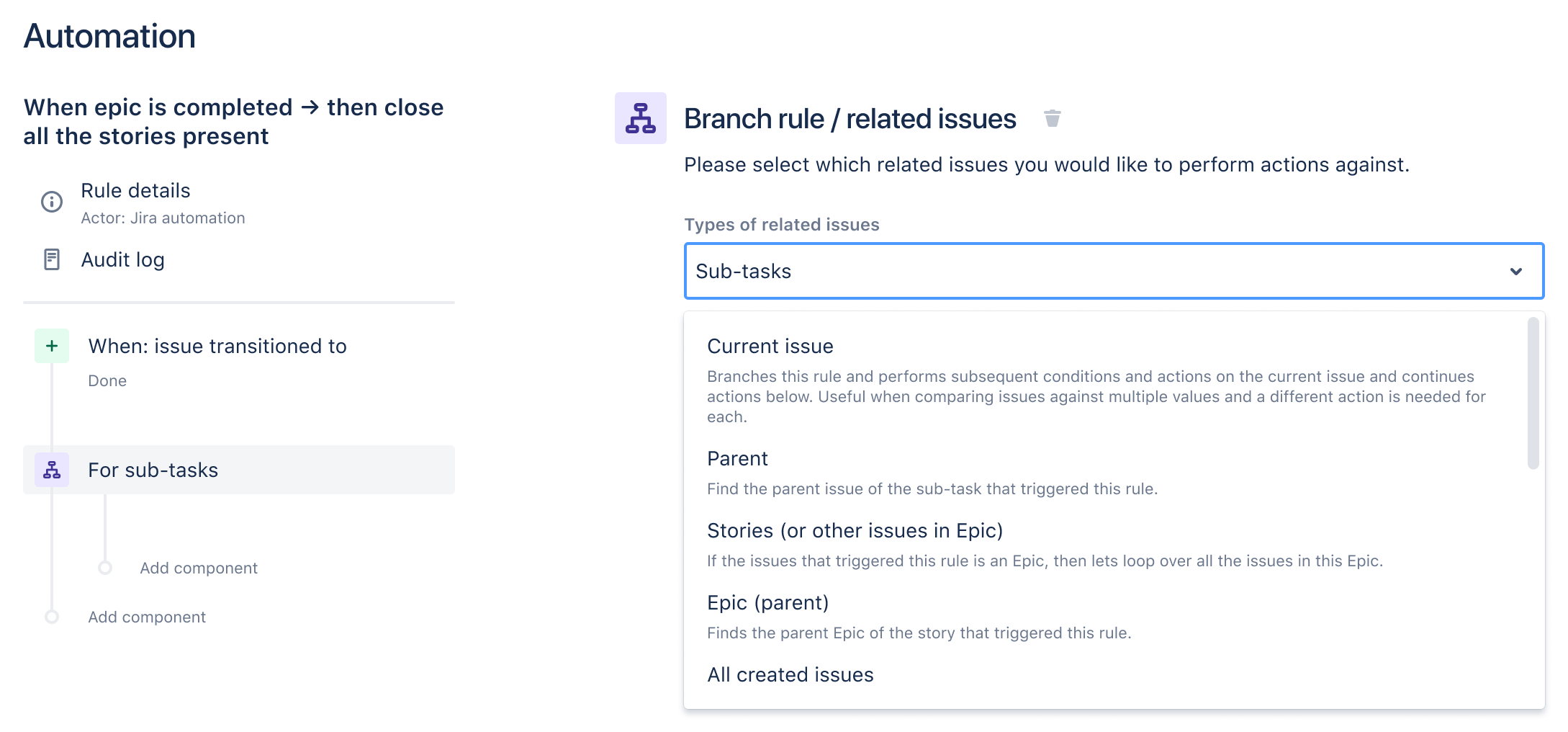 Setting up a related issues branch when creating a rule.