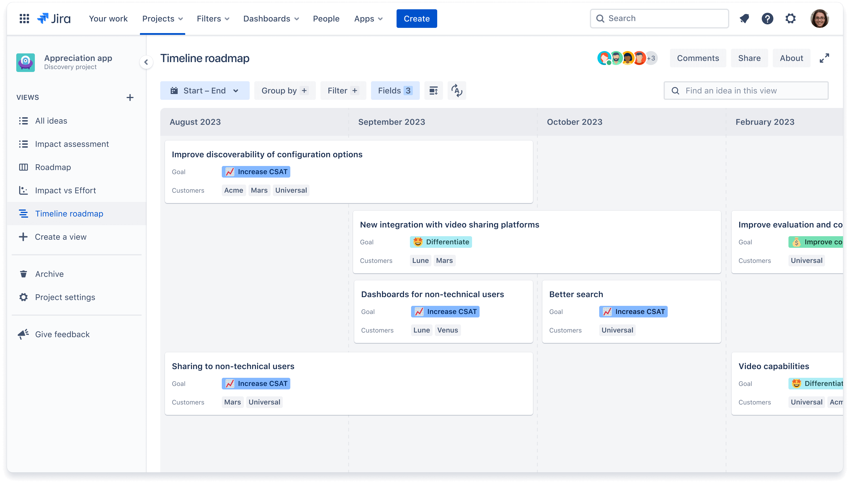 Zeitplanansicht der Roadmap.