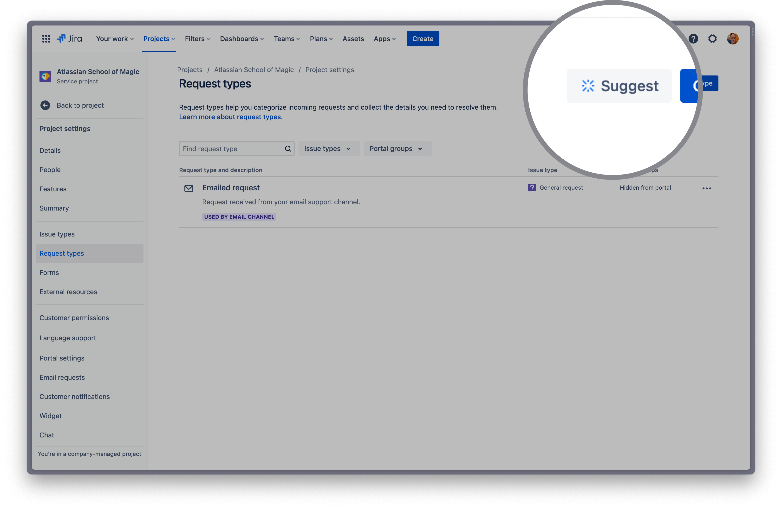 Selecting the "Suggest" button in the upper right hand corner on a request type page in Jira Service Management