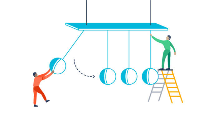 Illustration of people on a giant Newton's Cradle