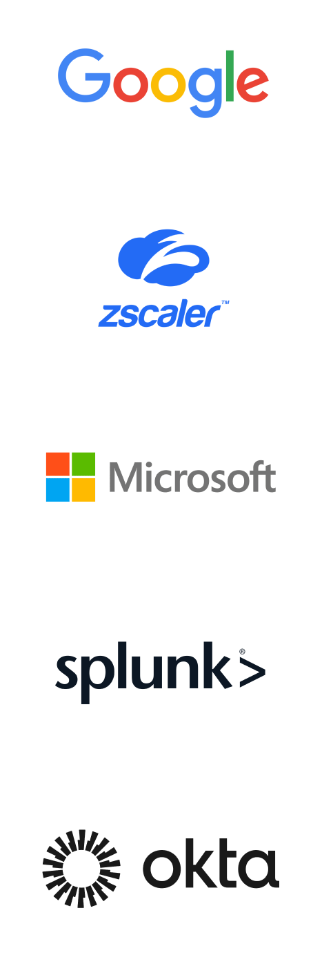 Microsoft、Splunk、Okta、Google、Zscaler のロゴ