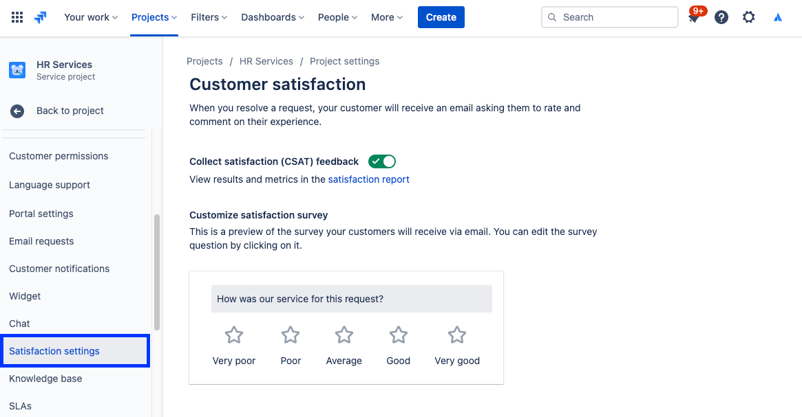 screenshot of Customer satisfaction survey settings