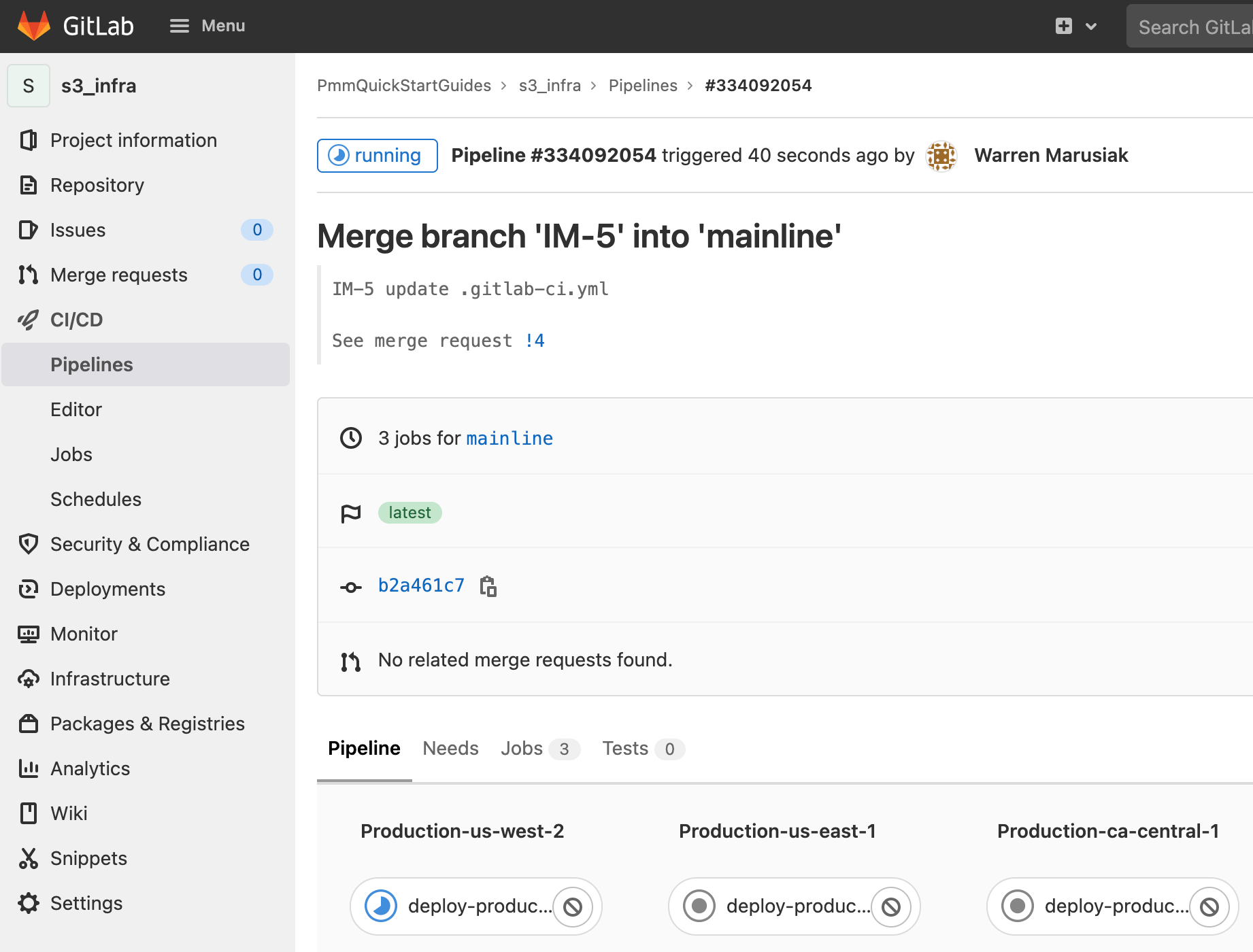 Pipeline detailed page in GitLab displaying "Merge branch 'IM-5' into 'mainline'"