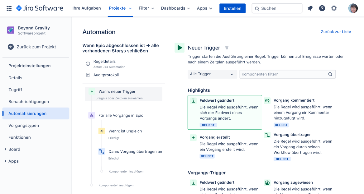 Bildschirm: Automatisierung in Jira Software
