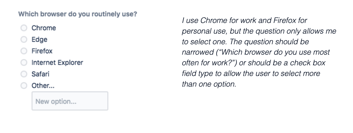 선택형 질문 예시: 일상적으로 사용하는 브라우저는 무엇입니까?