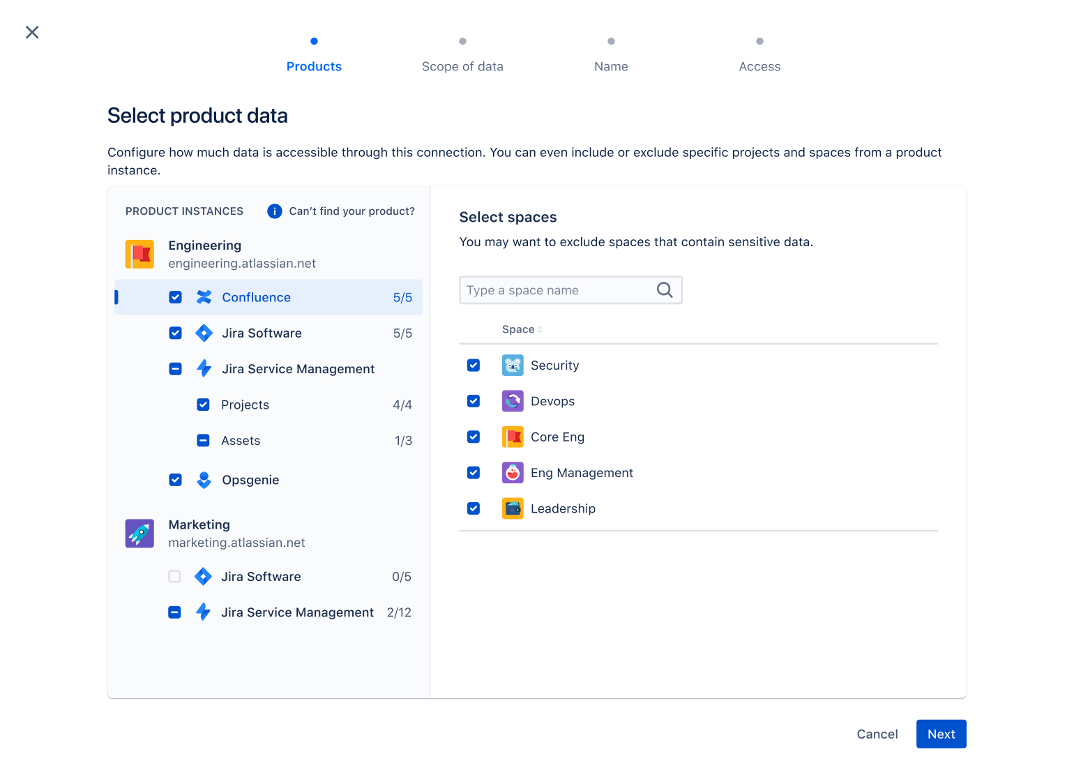 A termékadatok kiválasztási képernyője megjeleníti, hogyan választhatod ki a mérési adatokat a jogosult Atlassian-termékekből.