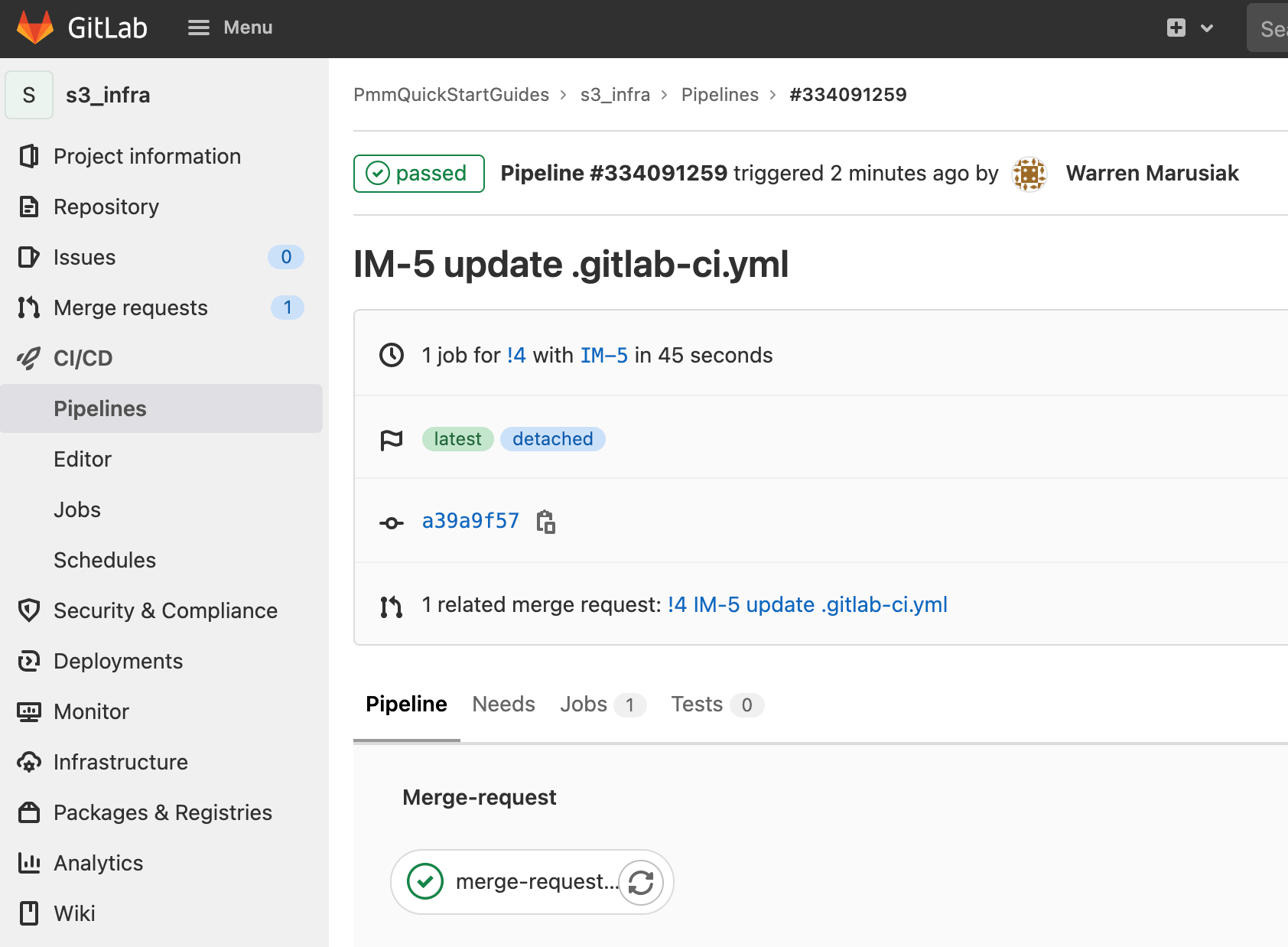 "Pipeline" detailed page showing that only merge-request-pipeline-job ran in GitLab