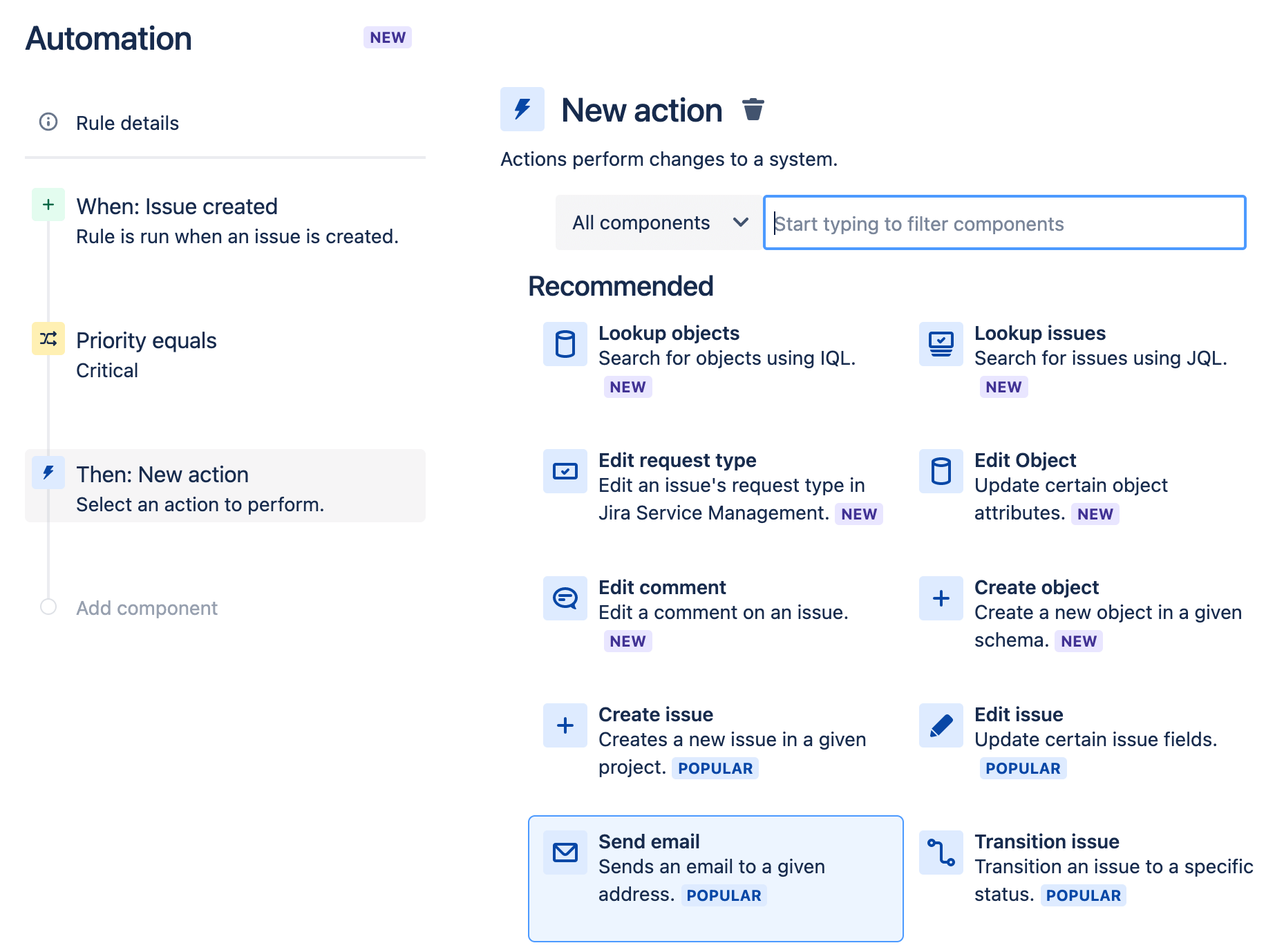 Auswahl von Aktionen für die Automatisierung in Jira Service Management