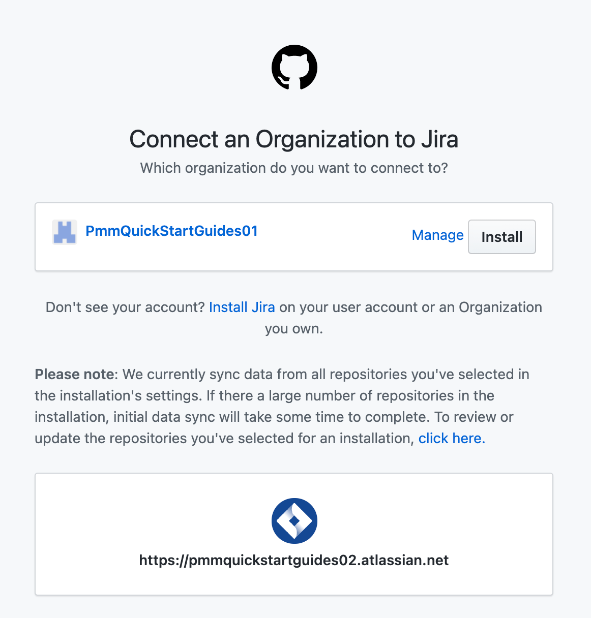 Immagine della connessione dell'organizzazione GitHub a Jira