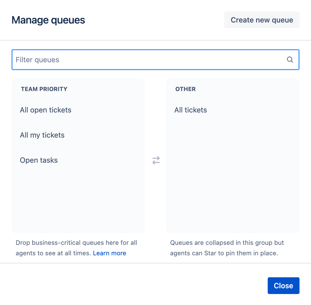 Pantalla de gestión de colas de Jira Service Management