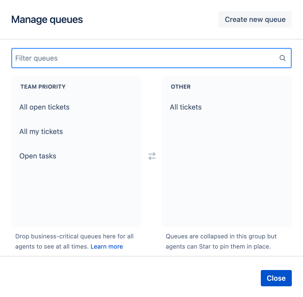 Manage queues screen from Jira Service Management