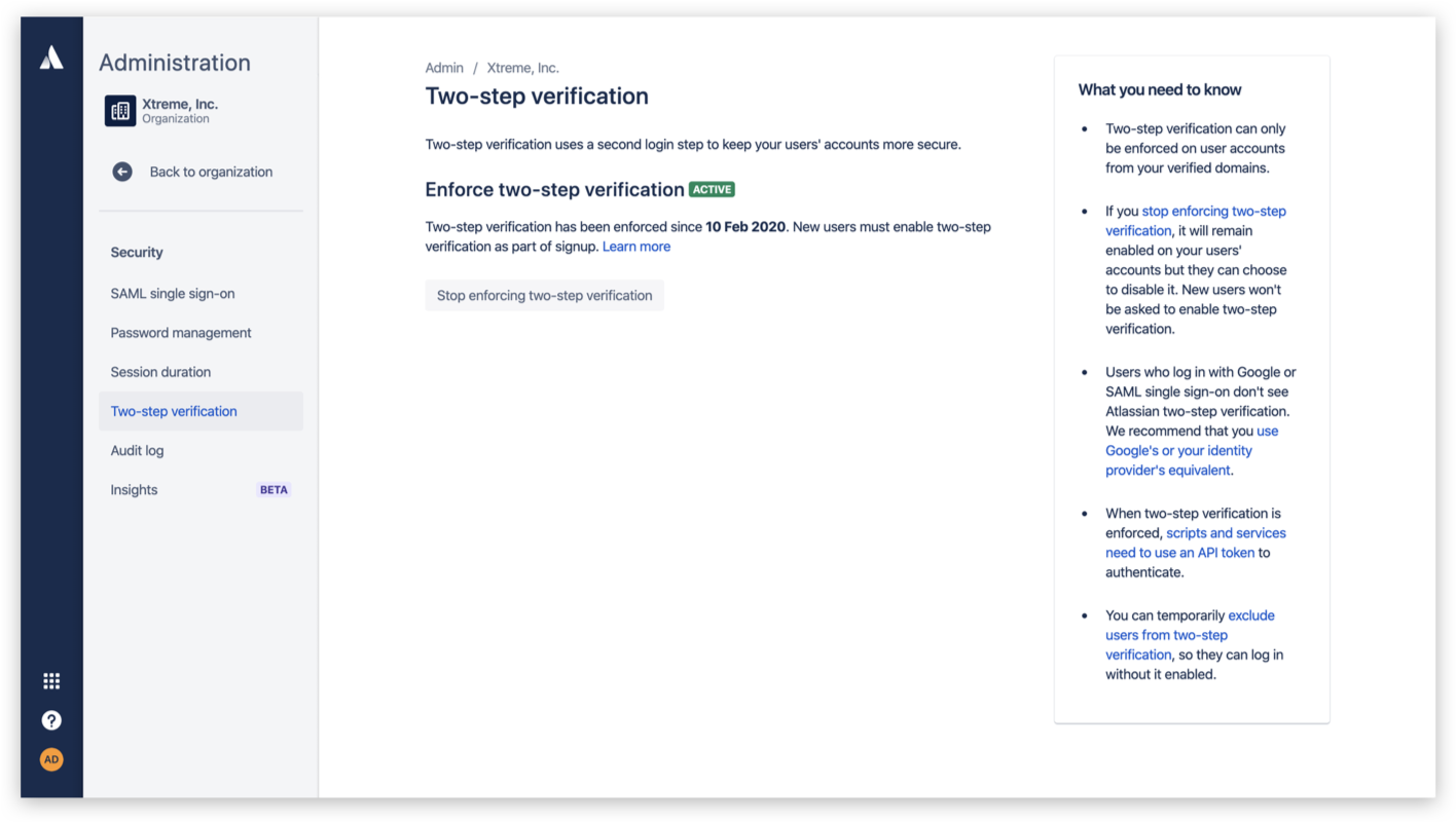 Captura de pantalla de la verificación obligatoria en dos pasos