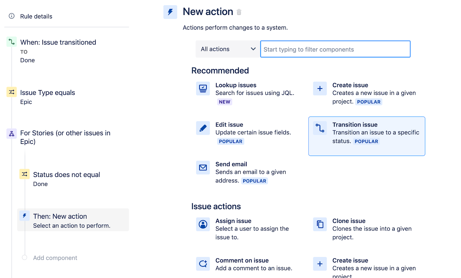 Selecting Transition Issue as a New Action
