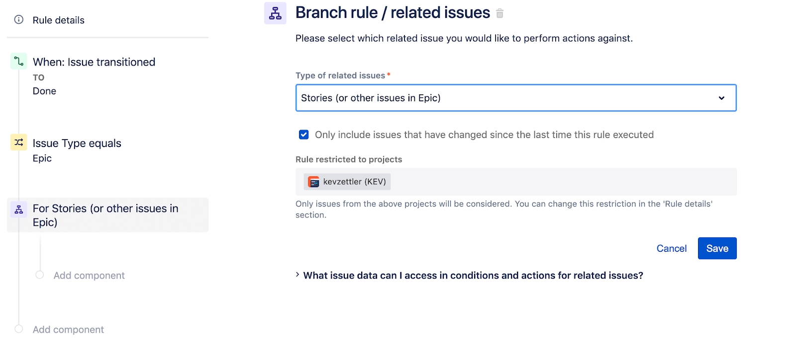 Écran Branch rule / related issues (Règle de branche/de tickets associés)
