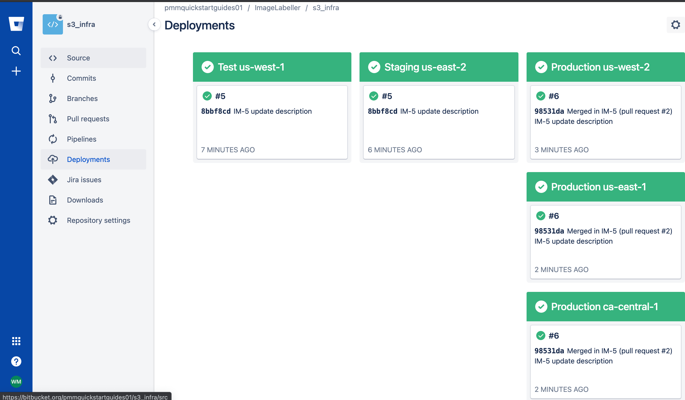 Tela de implementações no Bitbucket