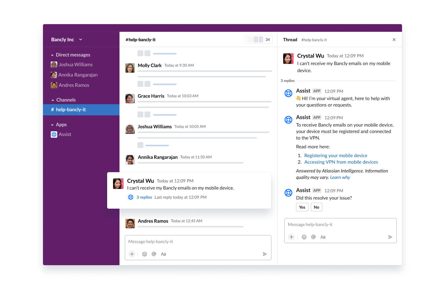 Atlassian Assist fournit de l'aide aux utilisateurs dans un fil de discussion Slack