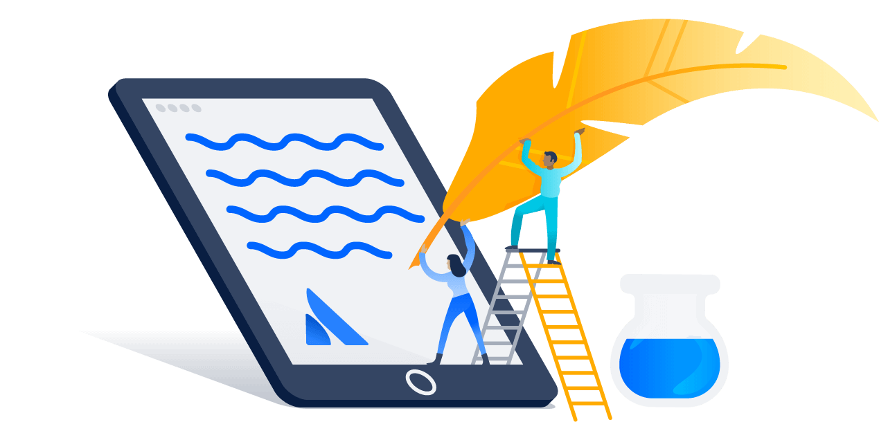 Een tekening van twee auteurs die een modern agile manifest schrijven.
