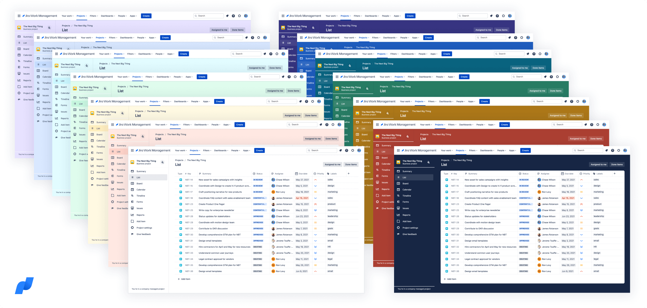 画像は、Jira Work Management のプロジェクトで利用できる 14 色のサンプルを描いたものです。