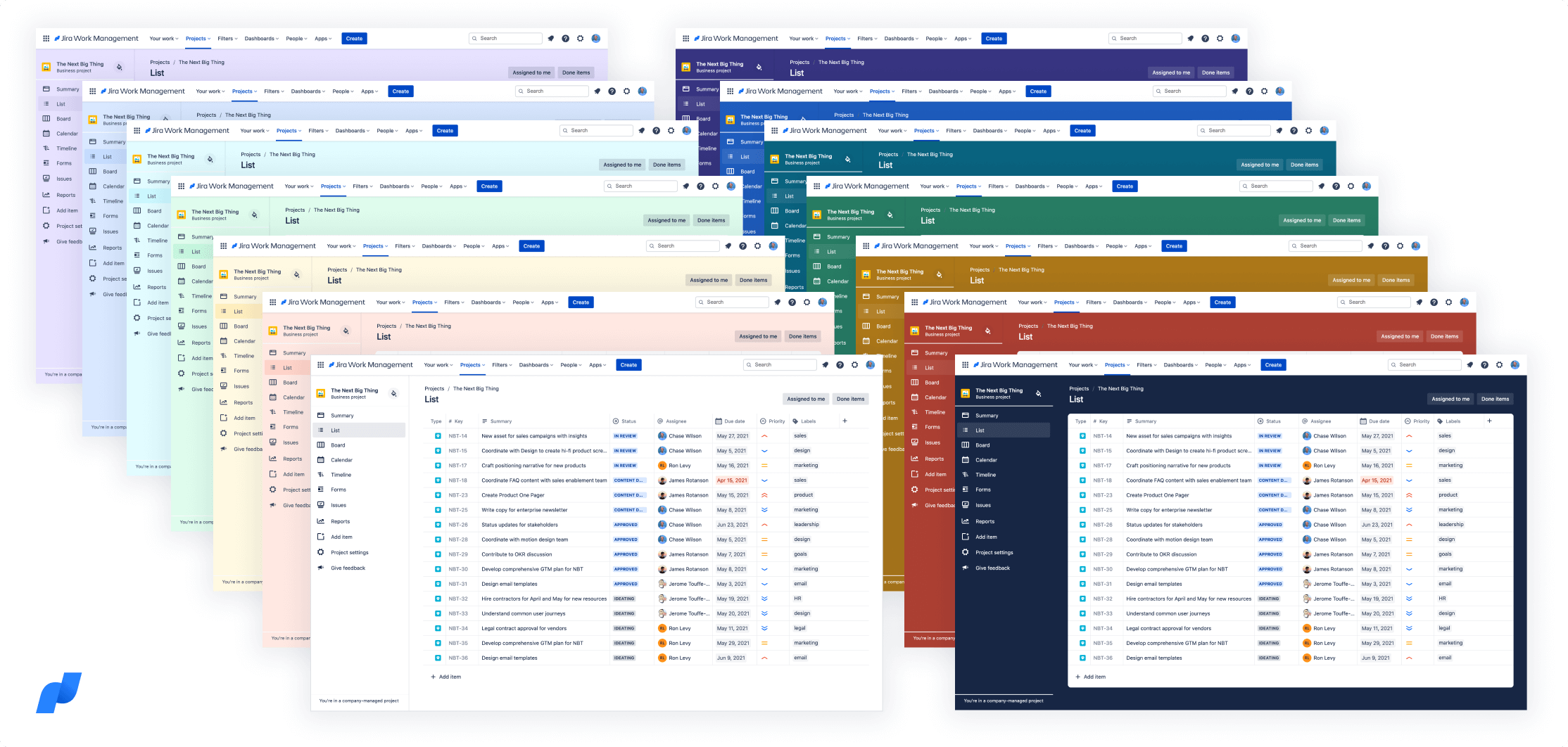Das Bild zeigt Beispiele der 14 Farben, die für Projekte in Jira Work Management verfügbar sind.