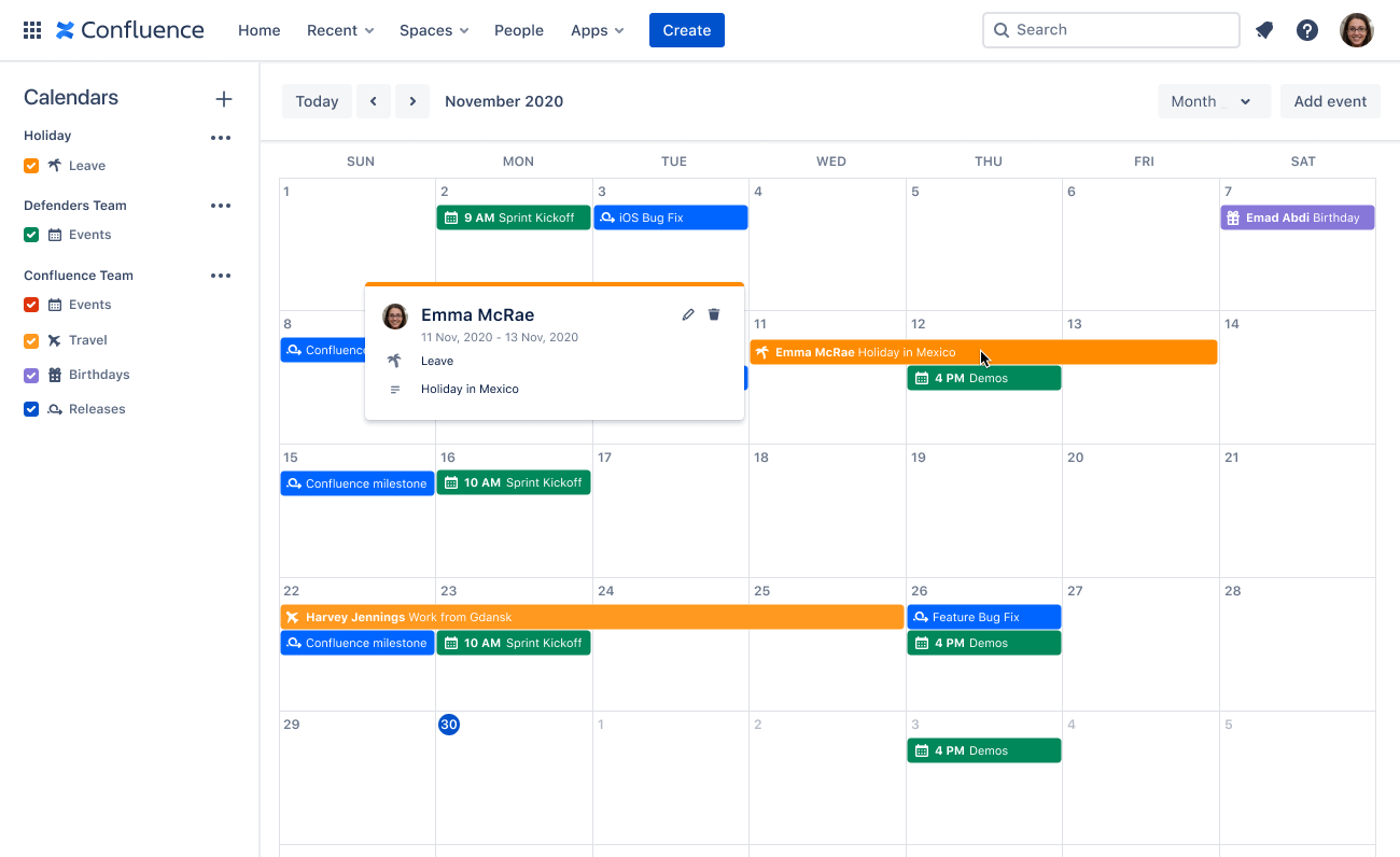 Team Calendars pour Confluence Atlassian
