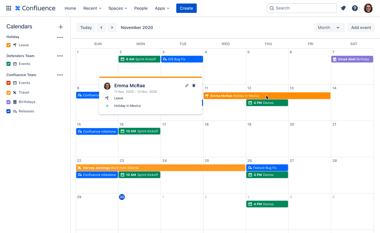 Team calendars for confluence atlassian
