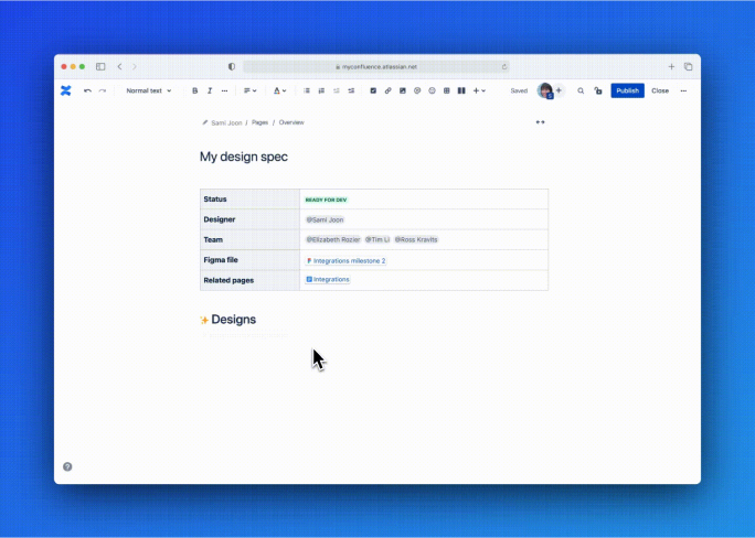screenshot of Confluence doc with embedded Figma designs