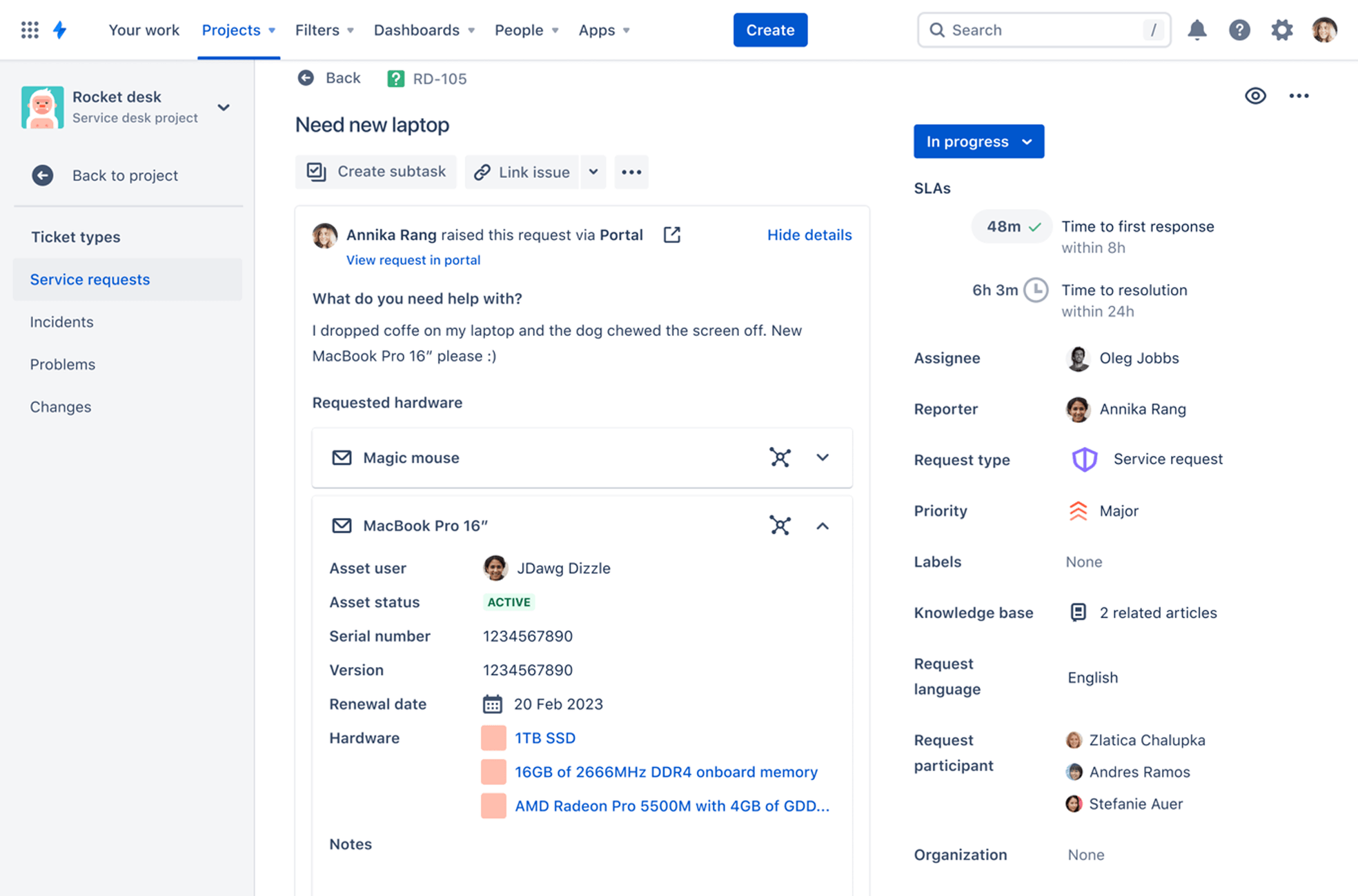 Tracking assets in a request in Jira Service Management