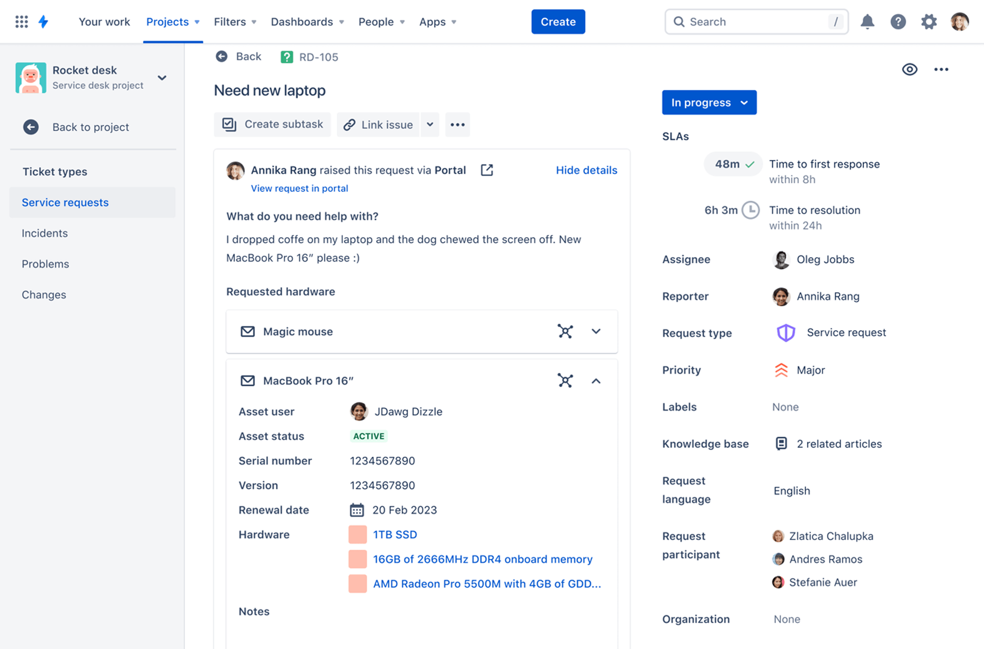 Suivre les actifs d'une demande dans Jira Service Management