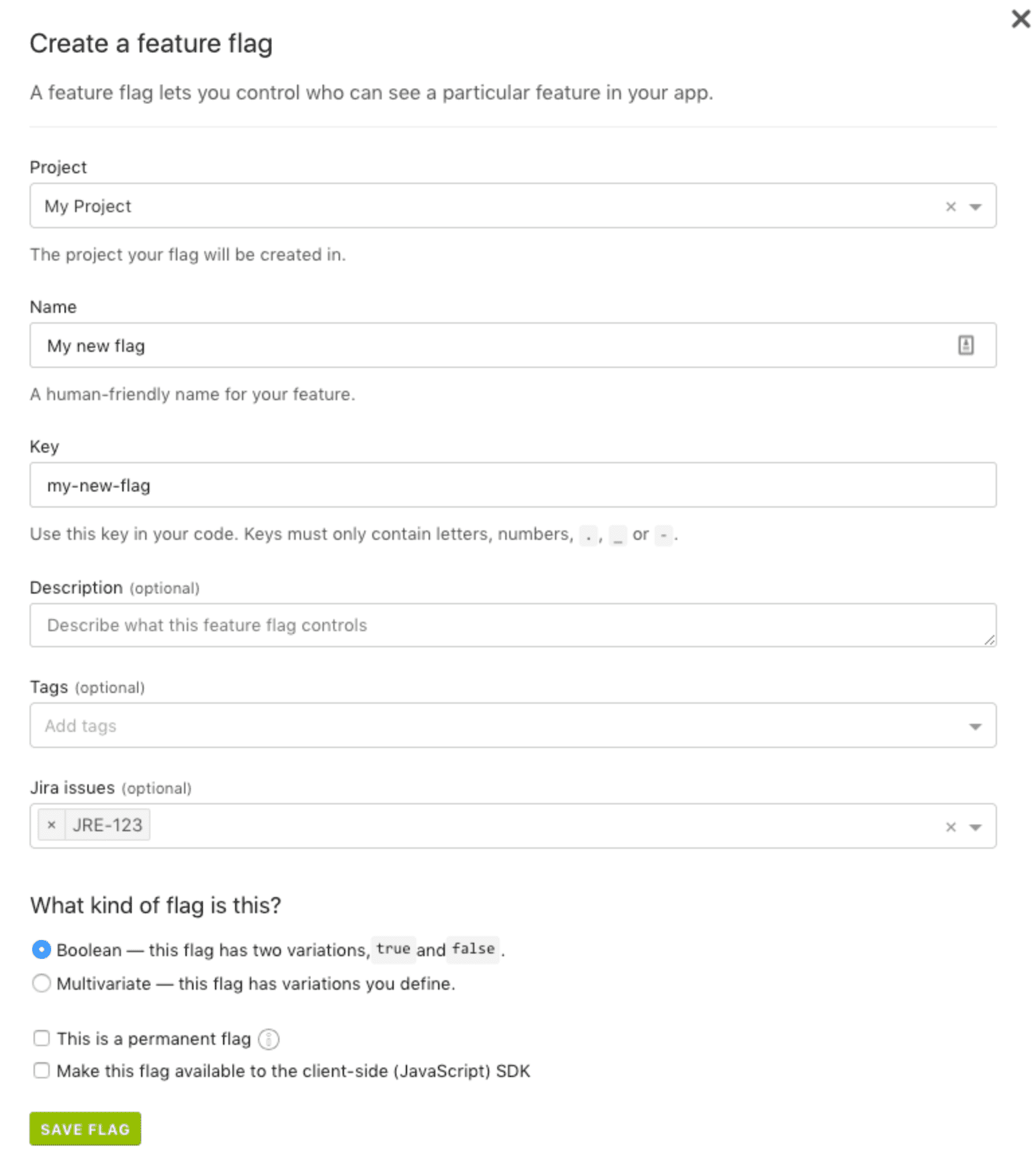 Página de criação do sinalizador de funcionalidade