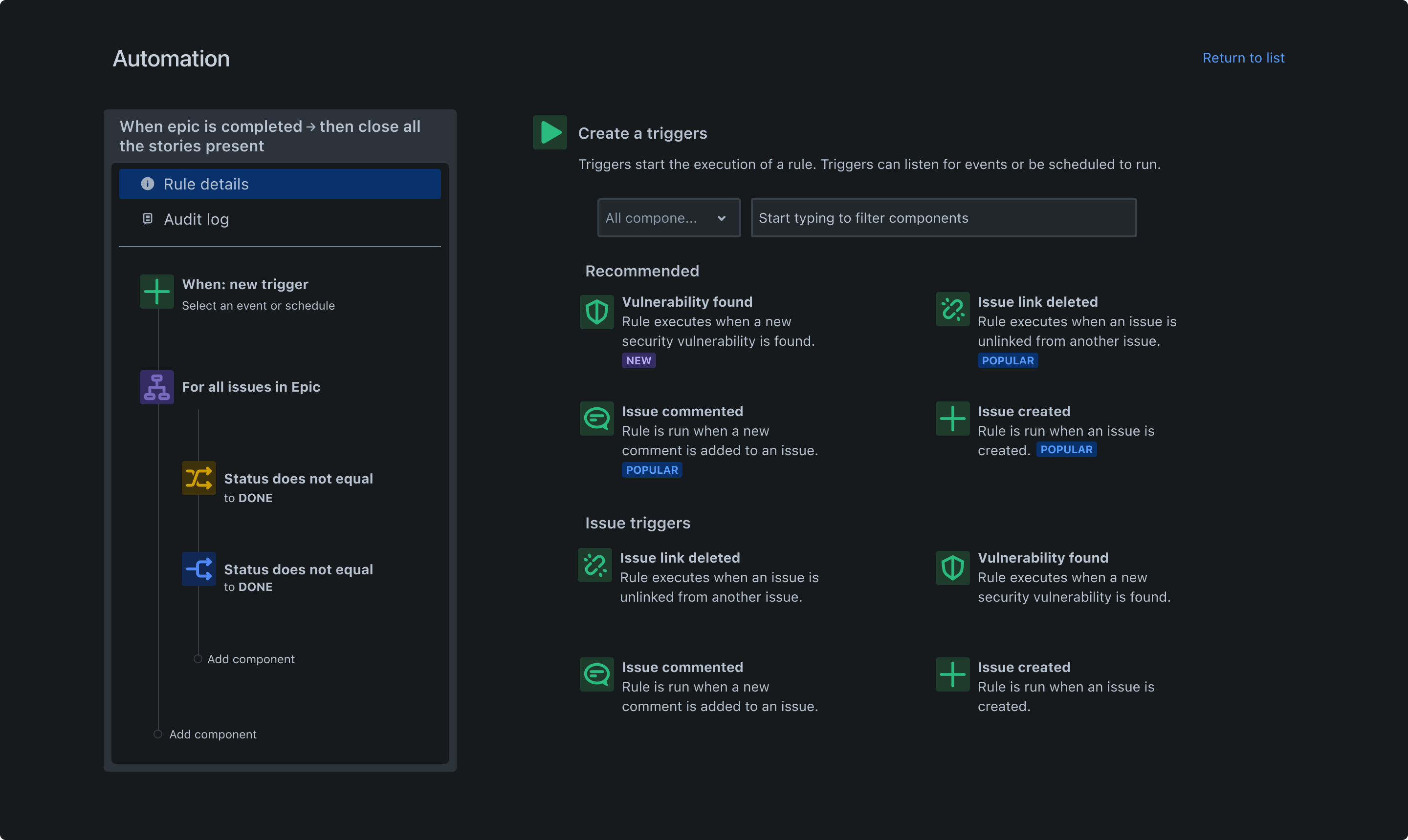 Automatiseringsworkflow in Jira. Een voorbeeld: automatisering sluit alle story's in een epic af wanneer de epic voltooid is.